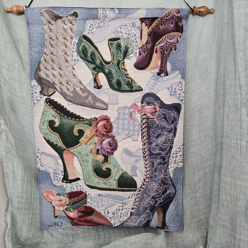 Victorian Themed Wall Hanging Tapestry Girlie Shoes Boots Rod & Ribbon 17